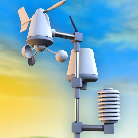 Wireless weather station including an anemometer, a pluviometer and a temperature sensor. Digital illustration.